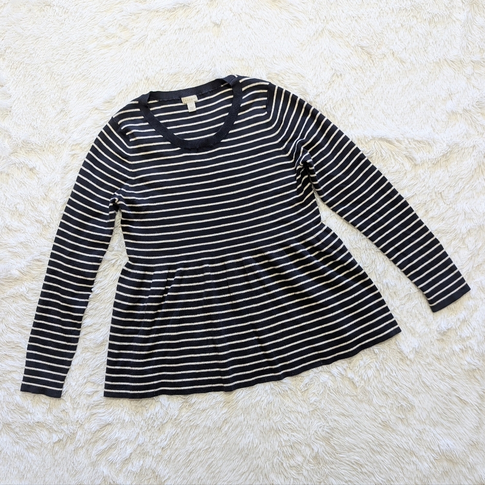 Hinge Navy Blue Striped Knit Flared Peplum Waist Sweater Size Large